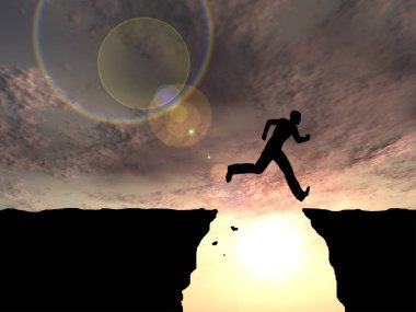 Kavram ya da kavramsal genç 3d çizim adam ya da işadamı siluet atlamak mutlu uçurum boşluk gündoğumu veya günbatımı gökyüzü arka plan üzerinde 