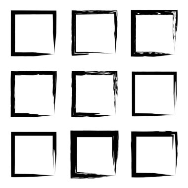 Koleksiyon veya sanatsal siyah boya el kümesi yaratıcı grungy fırça konturu kare kare veya beyaz arka plan üzerinde izole sınırları yaptı. Bir grunge eğitim kroki soyut yaratıcı mürekkep tasarım