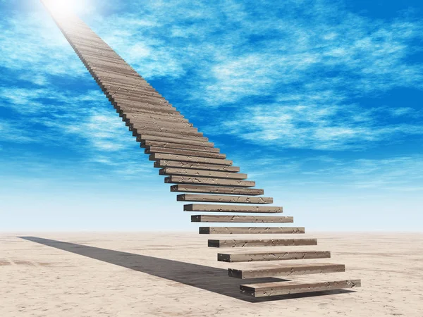 Concept or conceptual 3D illustration stair steps to heaven on sky background in desert with clouds