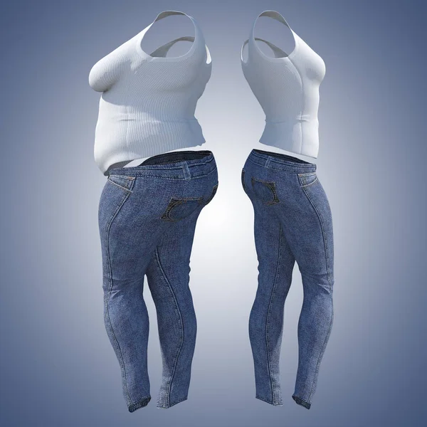 Conceptual Fat Overweight Obese Female Jeans Undershirt Slim Fit Healthy — Stock Photo, Image