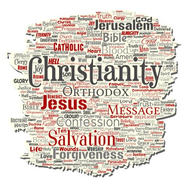 Vektör kavramsal Hıristiyanlık, İsa, İncil Ahit Eski yırtık kağıt kelime izole bulut arka plan. Öğretileri, kurtuluş diriliş, cennet, itiraf, AF, aşk kavramı kolaj