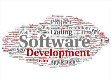 Vektör kavram ya da kavramsal yazılım geliştirme projesi teknoloji soyut kelime bulutu kodlama arka plan izole. Uygulama web tasarım, seo fikir, uygulama, test yükseltme metin kolaj