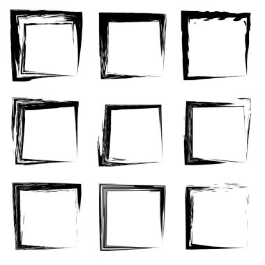 Koleksiyon veya sanatsal siyah boya el kümesi yaratıcı grungy fırça konturu kare kare veya beyaz arka plan üzerinde izole sınırları yaptı. Bir grunge eğitim kroki soyut yaratıcı mürekkep tasarım