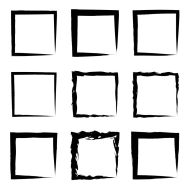 Koleksiyon veya sanatsal siyah boya el kümesi yaratıcı grungy fırça konturu kare kare veya beyaz arka plan üzerinde izole sınırları yaptı. Bir grunge eğitim kroki soyut yaratıcı mürekkep tasarım