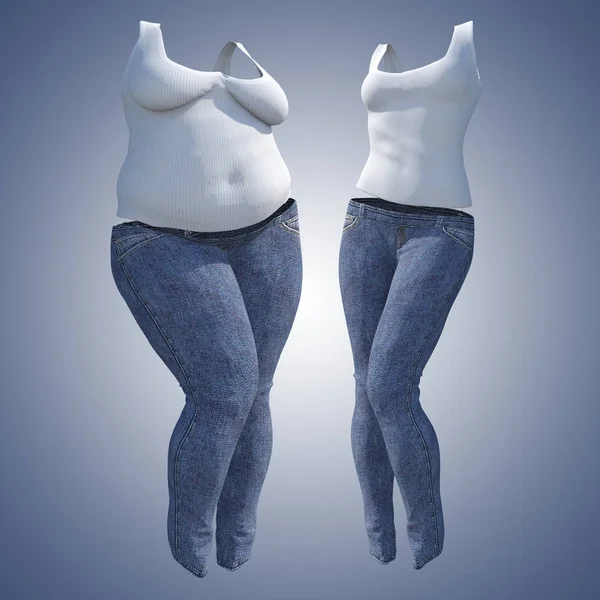 Konzeptionelle Fett Übergewichtig Fettleibige Weibliche Jeans Unterhemd Schlank Fit Gesunden — Stockfoto