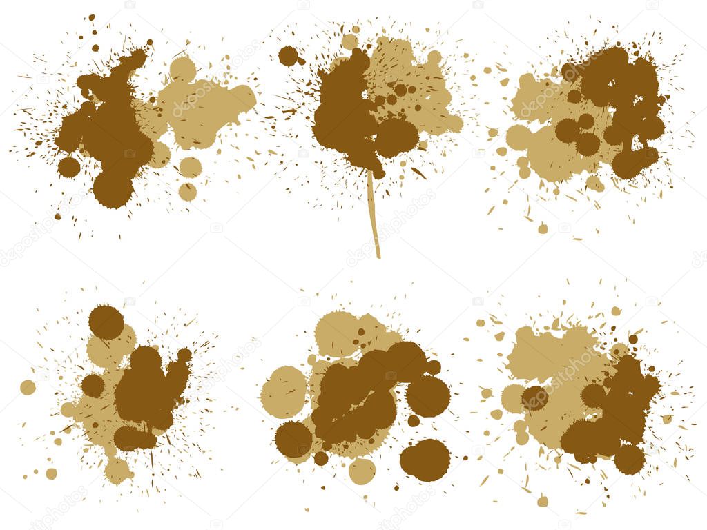 Collection of artistic grungy paint drop, hand made creative splash or splatter stroke set isolated white background. Abstract grunge dirty coffee stain group or graphic art vintage decoration