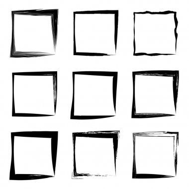 Koleksiyon veya sanatsal siyah boya el kümesi yaratıcı grungy fırça konturu kare kare veya beyaz arka plan üzerinde izole sınırları yaptı. Bir grunge eğitim kroki soyut yaratıcı mürekkep tasarım