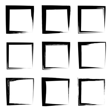 Koleksiyon veya sanatsal siyah boya el kümesi yaratıcı grungy fırça konturu kare kare veya beyaz arka plan üzerinde izole sınırları yaptı. Bir grunge eğitim kroki soyut yaratıcı mürekkep tasarım