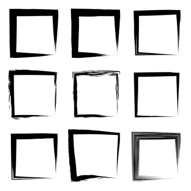 Koleksiyon veya sanatsal siyah boya el kümesi yaratıcı grungy fırça konturu kare kare veya beyaz arka plan üzerinde izole sınırları yaptı. Bir grunge eğitim kroki soyut yaratıcı mürekkep tasarım