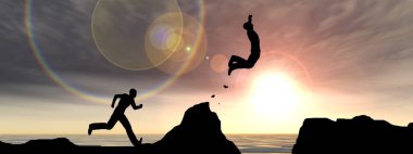 Konsept veya kavramsal 3D illüstrasyon genç erkek veya iş adamları siluetleri su boşluğu günbatımı veya gündoğumu gökyüzü arka plan üzerinde uçurumdan mutlu atlama