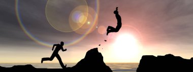 Konsept veya kavramsal 3D illüstrasyon genç erkek veya iş adamları siluetleri su boşluğu günbatımı veya gündoğumu gökyüzü arka plan üzerinde uçurumdan mutlu atlama