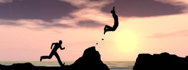 Konsept veya kavramsal 3D illüstrasyon genç erkek veya iş adamları siluetleri su boşluğu günbatımı veya gündoğumu gökyüzü arka plan üzerinde uçurumdan mutlu atlama