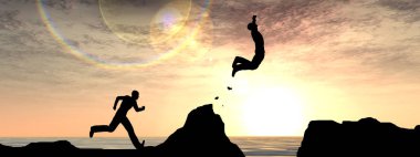 Konsept veya kavramsal 3D illüstrasyon genç erkek veya iş adamları siluetleri su boşluğu günbatımı veya gündoğumu gökyüzü arka plan üzerinde uçurumdan mutlu atlama