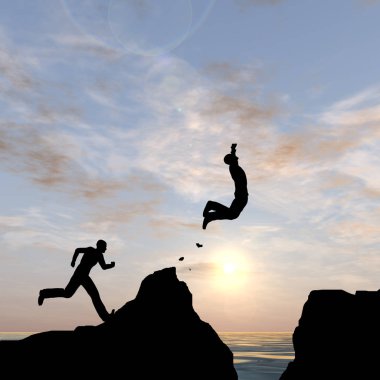 Konsept veya kavramsal 3D illüstrasyon genç erkek veya iş adamları siluetleri su boşluğu günbatımı veya gündoğumu gökyüzü arka plan üzerinde uçurumdan mutlu atlama