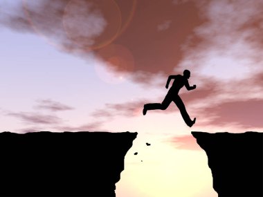 Kavram ya da kavramsal genç 3d çizim adam ya da işadamı siluet atlamak mutlu uçurum boşluk gündoğumu veya günbatımı gökyüzü arka plan üzerinde