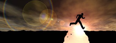 Kavram ya da kavramsal genç 3d çizim adam ya da işadamı siluet atlamak mutlu uçurum boşluk gündoğumu veya günbatımı gökyüzü arka plan üzerinde