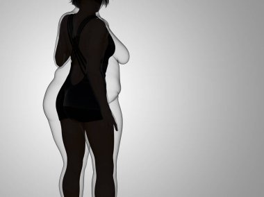 Kavramsal şişman kilolu obez kadın vs fit sağlıklı vücut kilo kaybını takiben ince ya da kas ince genç kadınla gri diyet. Fitness, beslenme veya şişmanlık obezite sağlık şekil 3d çizim