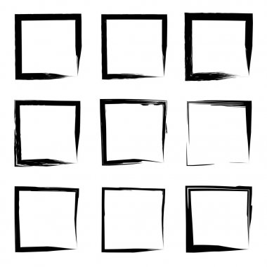 Koleksiyon veya sanatsal siyah boya el kümesi yaratıcı grungy fırça konturu kare kare veya beyaz arka plan üzerinde izole sınırları yaptı. Bir grunge eğitim kroki soyut yaratıcı mürekkep tasarım