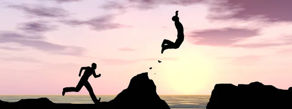 コンセプトまたは概念3D イラストレーション若い男性またはビジネスマンのシルエットは 水上ギャップ日没や日の出の空の背景の上に崖から幸せにジャンプ — ストック写真