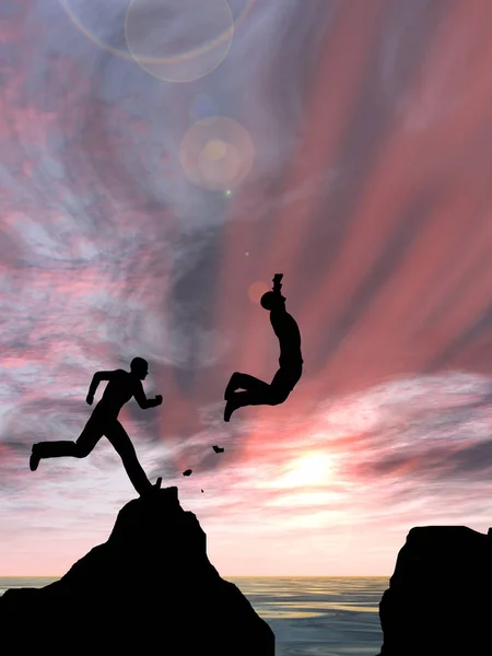 Concept Conceptual Illustration Young Men Businessmen Silhouettes Jumping Happy Cliff — Stock Photo, Image