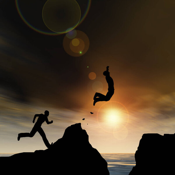 Concept or conceptual 3D illustration young men or businessmen silhouettes jumping  happy from cliff over water gap sunset or sunrise sky background