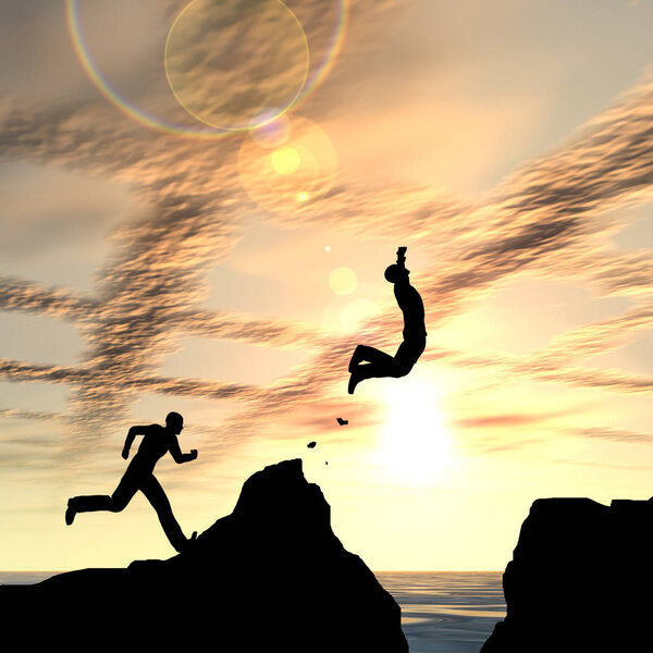Концепция или концептуальная трехмерная иллюстрация молодые люди или бизнесмены силуэты прыгают счастливые от скалы через водоразрыв заката или восхода солнца фон

