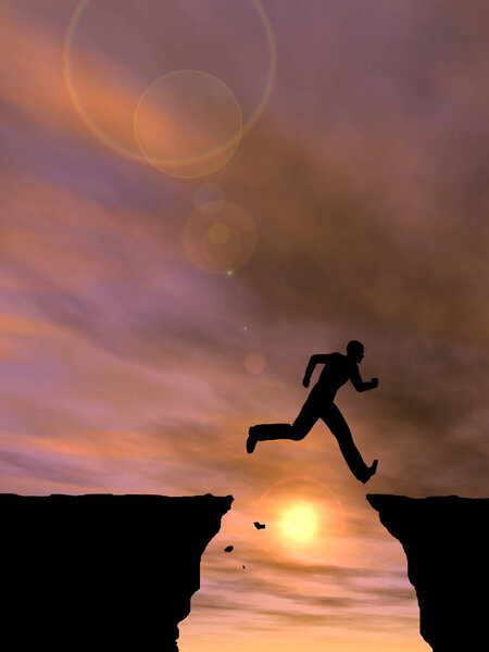 Concept or conceptual young 3D illustration man or businessman silhouette jump happy from cliff over  gap sunset or sunrise sky background