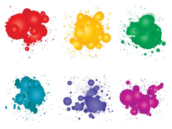 Collection of artistic grungy paint drops, hand made creative splashes or splatter strokes set isolated white background. Abstract grunge dirty stains group, education or graphic art decoration