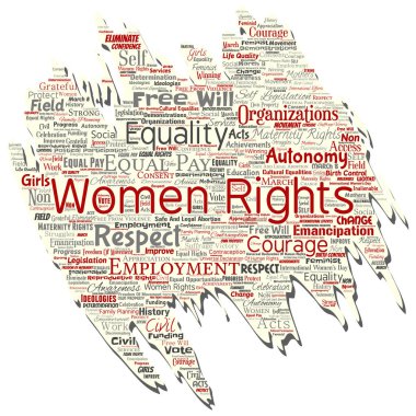 Vektör kavramsal kadın hakları, eşitlik, serbest eski yırtık kağıt kelime izole bulut arka plan. Feminizm, güçlendirme, dürüstlük, fırsatları, farkındalık, cesaret, eğitim kavramı kolaj