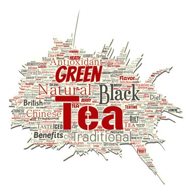 Kavramsal yeşil veya siyah çay içecek kültür eski yırtık kağıt kırmızı doğal lezzet vektör, çeşitli kelime izole bulut arka plan tadını. Geleneksel tıp sağlık ya da diyet parası kavramı kolaj