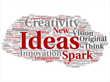 Vektör kavram ya da soyut kelime bulut üzerinde arka izole beyin fırtınası kavramsal yaratıcı yeni bir fikir. Spark yaratıcılık, özgün yenilik vizyon, düşünmek, başarı, akıllı dahi metin kolaj