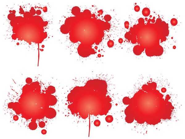 Collection of artistic grungy paint drops, hand made creative splashes or splatter strokes set isolated white background. Abstract grunge dirty stains group, education or graphic art decoration