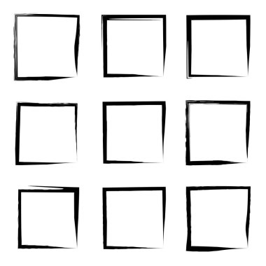 Koleksiyon veya sanatsal siyah boya el kümesi yaratıcı grungy fırça konturu kare kare veya beyaz arka plan üzerinde izole sınırları yaptı. Bir grunge eğitim kroki soyut yaratıcı mürekkep tasarım