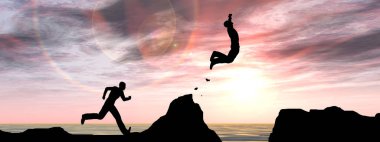 Kavram ya da kavramsal 3d resimde genç adam ya da işadamı siluet atlamak mutlu uçurumun üzerinden su gap gündoğumu veya günbatımı gökyüzü arka plan afiş