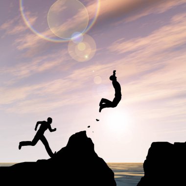 Kavram ya da kavramsal 3d resimde genç adam ya da işadamı siluet atlamak mutlu uçurumun üzerinden su gap gündoğumu veya günbatımı gökyüzü arka plan