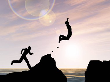 Kavram ya da kavramsal 3d resimde genç adam ya da işadamı siluet atlamak mutlu uçurumun üzerinden su gap gündoğumu veya günbatımı gökyüzü arka plan