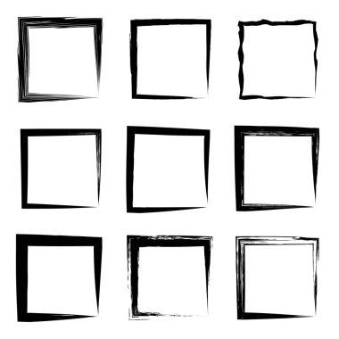 Koleksiyon veya sanatsal siyah boya el kümesi yaratıcı grungy fırça konturu kare kare veya beyaz arka plan üzerinde izole sınırları yaptı. Bir grunge eğitim kroki soyut yaratıcı mürekkep tasarım