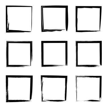 Koleksiyon veya sanatsal siyah boya el kümesi yaratıcı grungy fırça konturu kare kare veya beyaz arka plan üzerinde izole sınırları yaptı. Bir grunge eğitim kroki soyut yaratıcı mürekkep tasarım