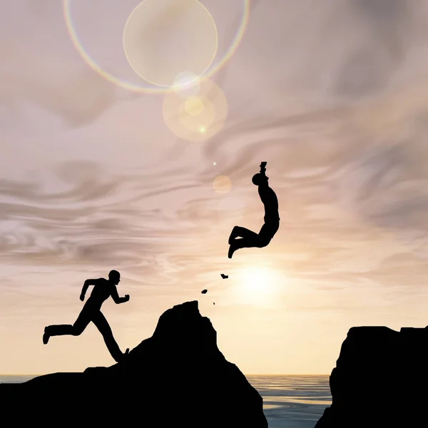개념이 나 개념적 3d 그림 젊은 남자 또는 사업가 실루엣 점프 행복 물 갭 일몰 또는 일출 하늘 배경 위에 절벽에서 — 스톡 사진