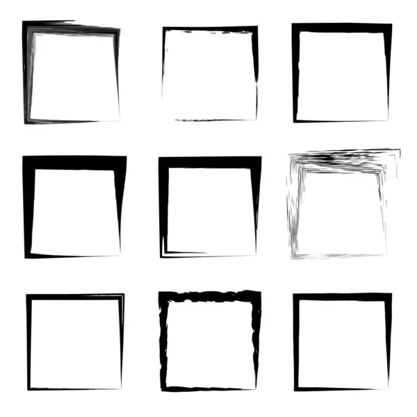 Колекція або набір художніх чорних фарб ручної роботи зробили творчий гранжевий штрих квадратних рамок або кордонів ізольованих на білому тлі. Гранд-освіта ескіз абстрактного творчого дизайну чорнила — стокове фото
