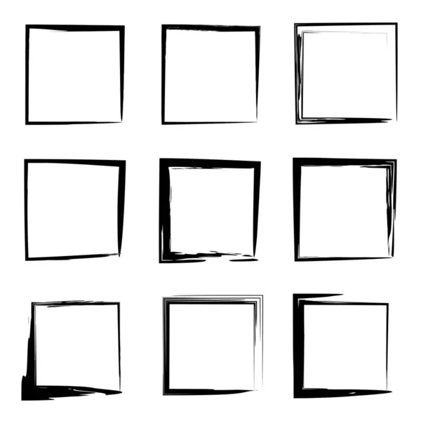 Collection or set of artistic black paint hand made creative grungy brush stroke square frames or borders isolated on white background. A grunge education sketch abstract creative ink design — Stock Photo, Image