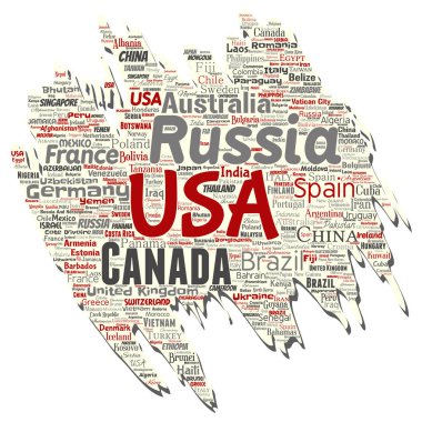 Vektör kavramsal dünya ülke ya da kıta eski yırtık kağıt kırmızı küresel birlik, tatil seyahat kelime bulutu arka plan izole. Uluslararası ulus coğrafya eğitim veya Turizm kavramı kolaj