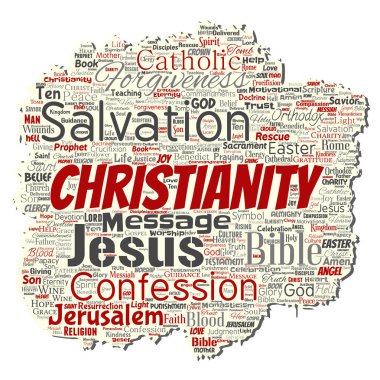 Vektör kavramsal Hıristiyanlık, İsa, İncil Ahit Eski yırtık kağıt kelime izole bulut arka plan. Öğretileri, kurtuluş diriliş, cennet, itiraf, AF, aşk kavramı kolaj