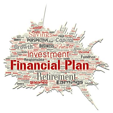 Vektör kavramsal iş veya kişisel finansal plan eski yırtık kağıt kırmızı finans strateji kelime izole bulut arka plan. Gelir para yatırım veya gelecekteki emeklilik güvenlik kavramı kolaj