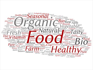 Arka plan izole kavramsal Organik Gıda sağlıklı bio sebze kelime bulut soyut vektör kavramı. Doğal, taze lezzetli çiftliği tarım, sertifika ekolojik Bahçe kalite kırpma metin kolaj