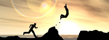 Kavram ya da kavramsal 3d resimde genç adam ya da işadamı siluet atlamak mutlu uçurumun üzerinden su gap gündoğumu veya günbatımı gökyüzü arka plan