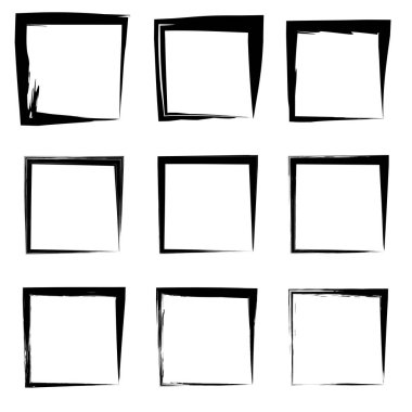 Koleksiyon veya sanatsal siyah boya el kümesi yaratıcı grungy fırça konturu kare kare veya beyaz arka plan üzerinde izole sınırları yaptı. Bir grunge eğitim kroki soyut yaratıcı mürekkep tasarım