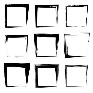 Koleksiyon veya sanatsal siyah boya el kümesi yaratıcı grungy fırça konturu kare kare veya beyaz arka plan üzerinde izole sınırları yaptı. Bir grunge eğitim kroki soyut yaratıcı mürekkep tasarım