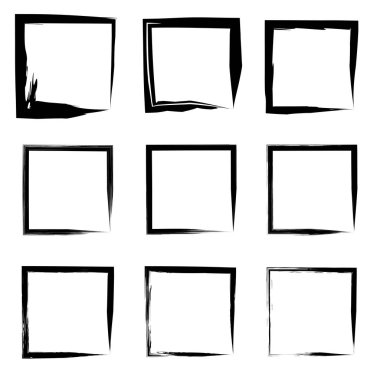 Koleksiyon veya sanatsal siyah boya el kümesi yaratıcı grungy fırça konturu kare kare veya beyaz arka plan üzerinde izole sınırları yaptı. Bir grunge eğitim kroki soyut yaratıcı mürekkep tasarım