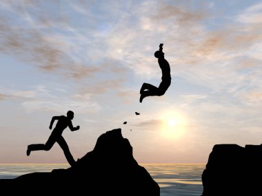 Kavram ya da kavramsal 3d resimde genç adam ya da işadamı siluet atlamak mutlu uçurumun üzerinden su gap gündoğumu veya günbatımı gökyüzü arka plan